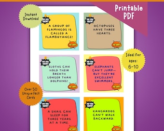 Printable Lunchbox Cards for Kids, Unique Fact Bundle, Ages 6-10, Back to School, Funny Cards for Kids, Camp, Backpack, Instant Download PDF