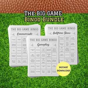 May include: A bundle of Big Game Bingo cards with categories like Commercials, Halftime Show, and Gameplay. The cards feature football-themed graphics and include spaces for various game events. A yellow circle with "Instant Download" text is also visible.
