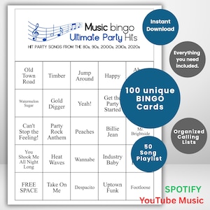 Bingo musical: éxitos de los 80 a los 2020. Juego imprimible para fiestas con lista de reproducción. Diversión para adultos, adolescentes, eventos y reuniones familiares.