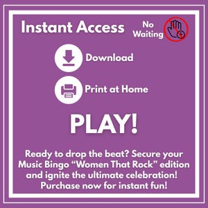 Puede incluir: Un gr&aacute;fico p&uacute;rpura con texto e iconos blancos que promociona el acceso instant&aacute;neo a un producto descargable. El texto incluye "Acceso instant&aacute;neo", "Descargar", "Imprimir en casa" y "&iexcl;JUGAR!". La imagen tambi&eacute;n promociona una edici&oacute;n "Women That Rock".