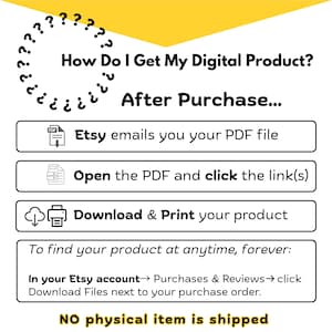 Puede incluir: Gr&aacute;fico en blanco y negro con instrucciones sobre c&oacute;mo acceder a un producto digital despu&eacute;s de la compra. Las instrucciones incluyen abrir un PDF, hacer clic en enlaces y descargar. La imagen indica que no se env&iacute;a ning&uacute;n art&iacute;culo f&iacute;sico.