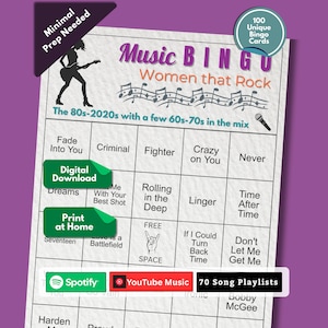 Puede incluir: Una tarjeta de juego Music Bingo titulada "Music Bingo Women that Rock". La tarjeta presenta t&iacute;tulos de canciones de los a&ntilde;os 80-2020 con algunas de los 60-70 en la mezcla. Incluye opciones de descarga digital e impresi&oacute;n en casa.