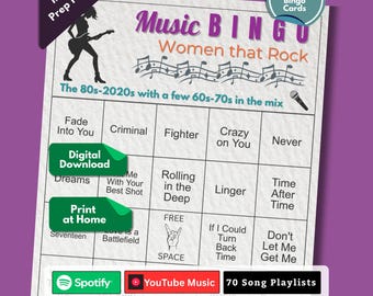 Women Rock Music Bingo Game Printable | 80s 90s 2000s 2010s 2020s Songs | Bachelorette Party Game | Bridal Shower Activity | Girls Night
