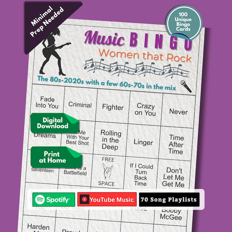 Puede incluir: Una tarjeta de juego Music Bingo titulada "Music Bingo Women that Rock". La tarjeta presenta t&iacute;tulos de canciones de los a&ntilde;os 80-2020 con algunas de los 60-70 en la mezcla. Incluye opciones de descarga digital e impresi&oacute;n en casa.