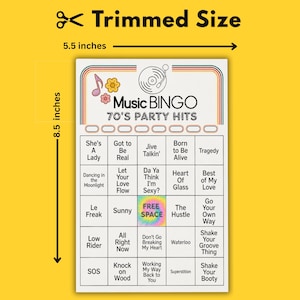 Puede incluir: Una tarjeta de juego de Bingo musical de estilo retro con fondo amarillo. La tarjeta mide 14 cm de ancho y 21,6 cm de alto. La tarjeta presenta t&iacute;tulos de canciones de los a&ntilde;os 70, un gr&aacute;fico de notas musicales y las palabras "Music Bingo 70's Party Hits".