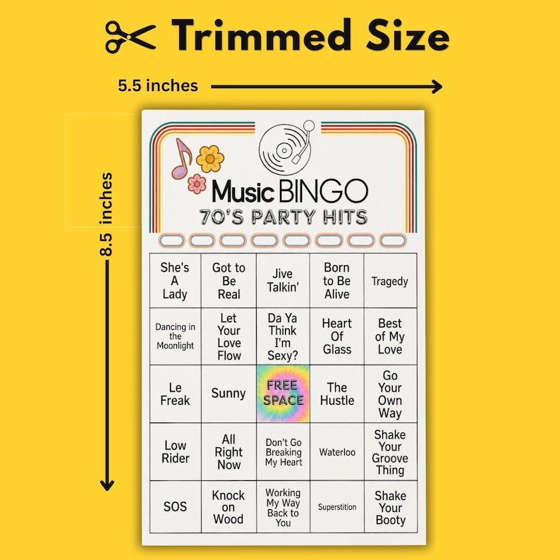 Puede incluir: Una tarjeta de juego de Bingo musical de estilo retro con fondo amarillo. La tarjeta mide 14 cm de ancho y 21,6 cm de alto. La tarjeta presenta t&iacute;tulos de canciones de los a&ntilde;os 70, un gr&aacute;fico de notas musicales y las palabras "Music Bingo 70's Party Hits".
