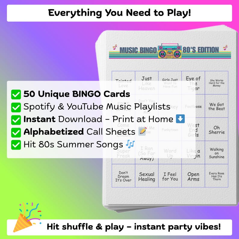Music Bingo Game, 80s Hits, Printable Party Game with Playlists, Fun for Adults, Teens, Events & Family Gatherings image 2