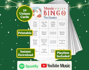 Christmas Music Bingo Game, 50 Unique Cards, Holiday Party (Printable)