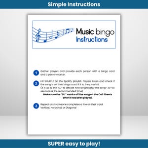 Puede incluir: Instrucciones para un juego de bingo musical. Las instrucciones est&aacute;n numeradas del 1 al 3. Las instrucciones incluyen reunir a los jugadores, activar la reproducci&oacute;n aleatoria en una lista de reproducci&oacute;n de Spotify y marcar las canciones en una tarjeta de bingo.