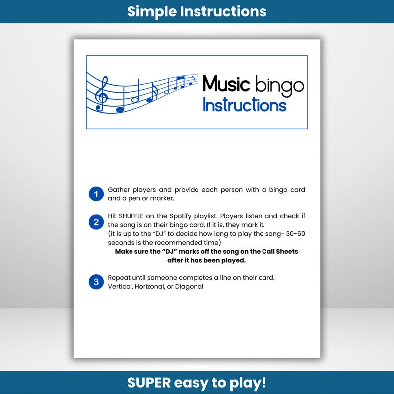 Puede incluir: Instrucciones para un juego de bingo musical. Las instrucciones est&aacute;n numeradas del 1 al 3. Las instrucciones incluyen reunir a los jugadores, activar la reproducci&oacute;n aleatoria en una lista de reproducci&oacute;n de Spotify y marcar las canciones en una tarjeta de bingo.