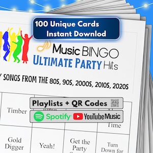 Music Bingo Game, 80s to 2020s Hits, Printable Party Game with Playlist, Fun for Adults, Teens, Events & Family Gatherings, Party Hits Music