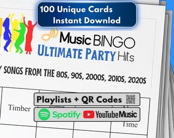 Muziekbingospel, hits uit de jaren 80 tot 2020, printbare partygame met afspeellijst, leuk voor volwassenen, tieners, evenementen en familiebijeenkomsten, feesthits Muziek