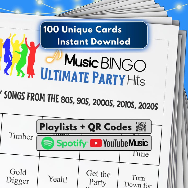 Music Bingo Game, 80s to 2020s Hits, Printable Party Game with Playlist, Fun for Adults, Teens, Events & Family Gatherings, Party Hits Music image 1