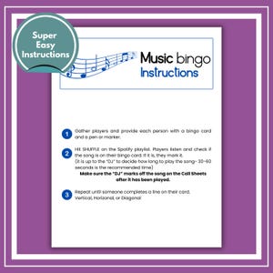 Puede incluir: Una hoja blanca con instrucciones para jugar al bingo musical. La hoja tiene notas musicales azules y las palabras "Music bingo Instructions". Las instrucciones est&aacute;n numeradas y detallan el juego.
