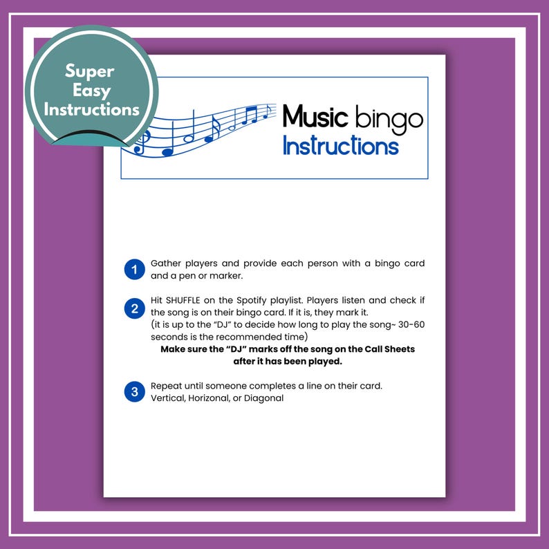 Puede incluir: Una hoja blanca con instrucciones para jugar al bingo musical. La hoja tiene notas musicales azules y las palabras "Music bingo Instructions". Las instrucciones est&aacute;n numeradas y detallan el juego.
