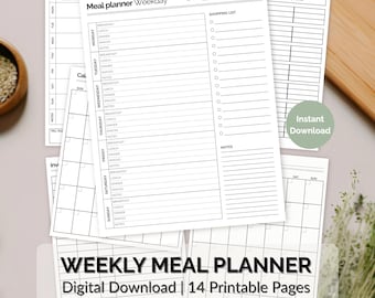 Weekly Meal Planner Printable | 14-Page Meal Planning Bundle | Grocery List, Pantry & Freezer Inventory, Recipe Tracker, Budget Sheets