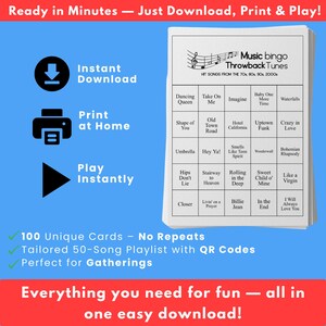 Music Bingo Game, 70s to 2010s Hits, Printable Party Game with Playlists, Fun for Adults, Teens, Events & Family Gatherings image 8