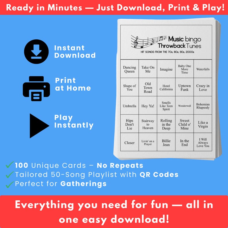 Music Bingo Game, 70s to 2010s Hits, Printable Party Game with Playlists, Fun for Adults, Teens, Events & Family Gatherings image 8