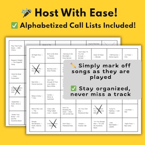 Puede incluir: Gr&aacute;fico amarillo con el texto "Host With Ease!" y "Alphabetized Call Lists Included!". Se muestra una tarjeta de bingo con t&iacute;tulos de canciones, con marcas de verificaci&oacute;n y X. Un cuadro de texto dice "Simply mark off songs as they are played" y "Stay organized, never miss a track."