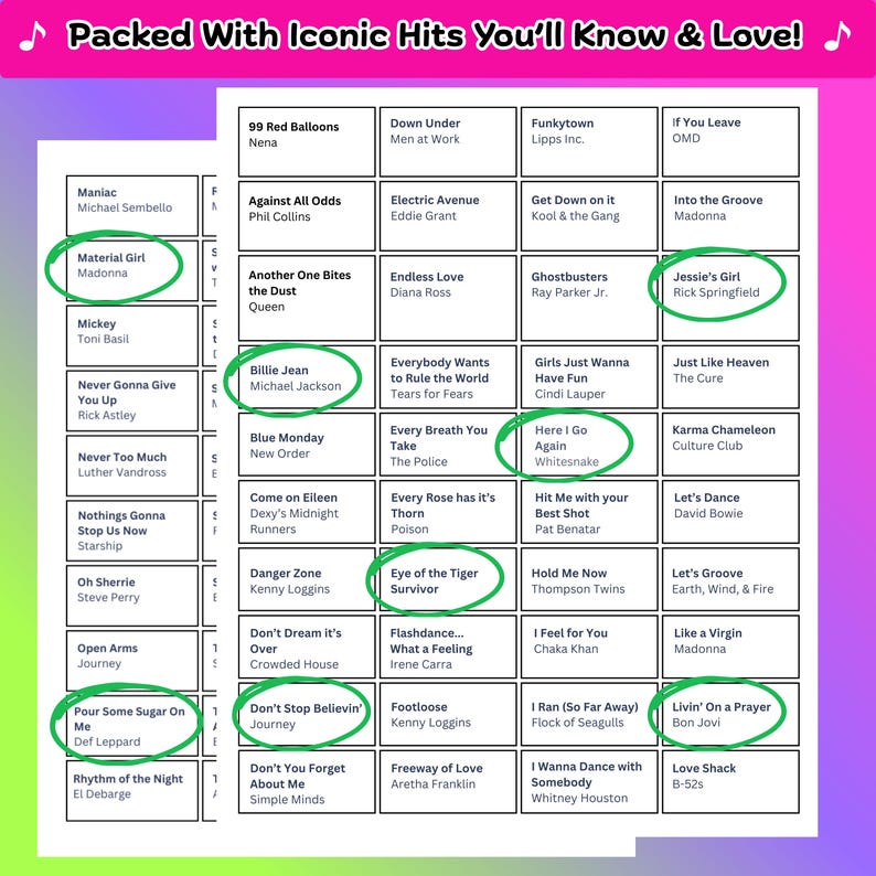 Music Bingo Game, 80s Hits, Printable Party Game with Playlists, Fun for Adults, Teens, Events & Family Gatherings image 6
