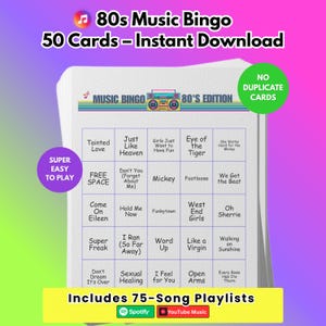 Music Bingo Game, 80s Hits, Printable Party Game with Playlists, Fun for Adults, Teens, Events & Family Gatherings image 1