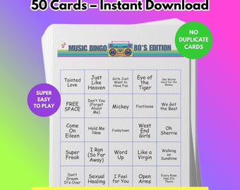 Musik Bingo Spiel, 80er Jahre Hits, druckbares Partyspiel mit Playlists, Spaß für Erwachsene, Jugendliche, Veranstaltungen und Familientreffen