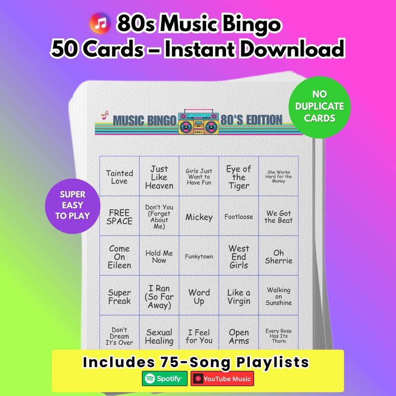 Music Bingo Game, 80s Hits, Printable Party Game with Playlists, Fun for Adults, Teens, Events & Family Gatherings image 1