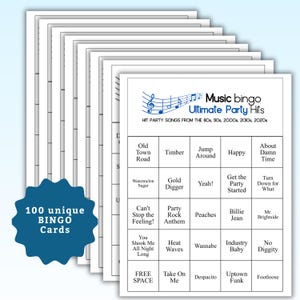 Bingo musical: éxitos de los 80 a los 2020. Juego imprimible para fiestas con lista de reproducción. Diversión para adultos, adolescentes, eventos y reuniones familiares. imagen 5