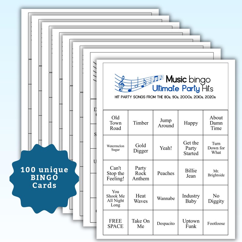 Bingo musical: éxitos de los 80 a los 2020. Juego imprimible para fiestas con lista de reproducción. Diversión para adultos, adolescentes, eventos y reuniones familiares. imagen 5