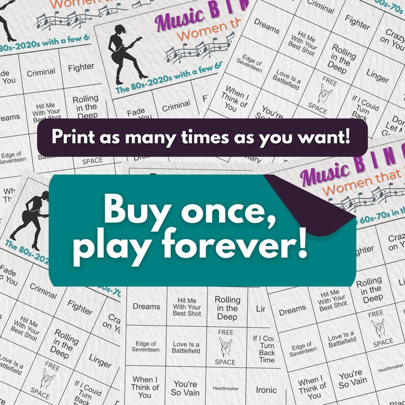 Puede incluir: Un juego de bingo musical con una cuadr&iacute;cula de t&iacute;tulos de canciones y frases. El juego incluye el texto "&iexcl;Imprime tantas veces como quieras!" y "&iexcl;Compra una vez, juega para siempre!" en verde azulado y morado.