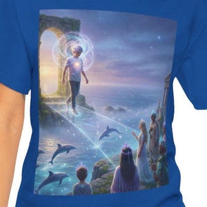Angel at Ocean Gate Tee | Spiritual Coastal Scene, Dolphins, Sunset