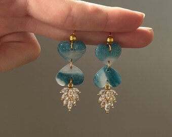 Ocean Blue Transparent/ Heart Earrings/Handmade