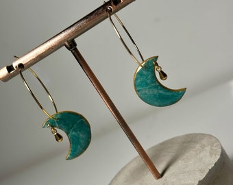 Forest Green Moon Hoops/Drop Dangles/ Handmade