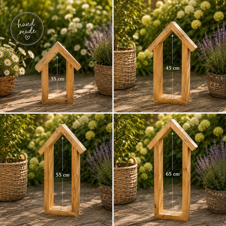 May include: Four light brown wooden house-shaped frames with open centers. The frames are labeled with heights of 35 cm, 45 cm, 55 cm, and 65 cm. Each frame features a peaked roof design and a natural wood grain finish, presented as a set of four.