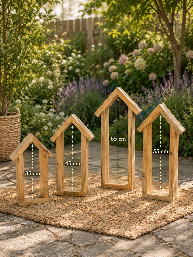 May include: Four light brown wooden house-shaped frames with open centers. The frames have heights of 35 cm, 45 cm, 65 cm, and 55 cm respectively, as indicated by the white dashed arrows and text labels printed on each individual wooden structure.