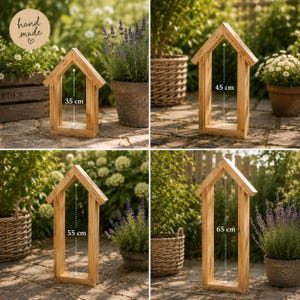 May include: Four light brown wooden house-shaped frames with open centers. The frames are shown in four heights: 35 cm, 45 cm, 55 cm, and 65 cm. Each frame has a peaked roof design and a flat base, constructed from natural wood with visible grain patterns.