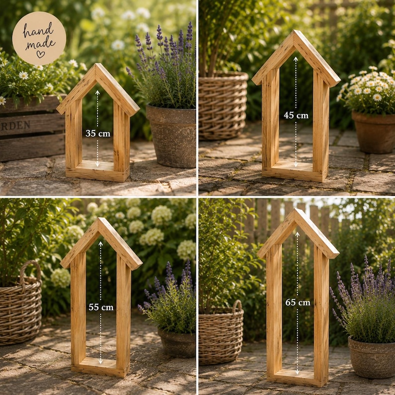 May include: Four light brown wooden house-shaped frames with open centers. The frames are shown in four heights: 35 cm, 45 cm, 55 cm, and 65 cm. Each frame has a peaked roof design and a flat base, constructed from natural wood with visible grain patterns.
