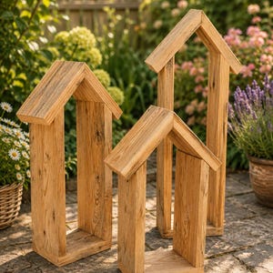 May include: Three house-shaped structures crafted from light brown wood with visible grain patterns. Each piece features a rectangular base, two vertical side walls, and a peaked roof design, arranged in a cluster of varying heights.