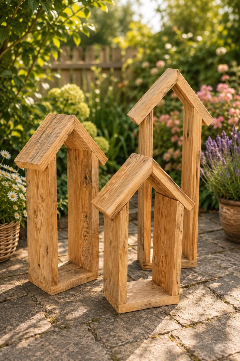 May include: Three house-shaped structures crafted from light brown wood with visible grain patterns. Each piece features a rectangular base, two vertical side walls, and a peaked roof design, arranged in a cluster of varying heights.