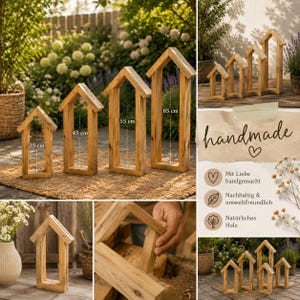 May include: A set of four house-shaped wooden frames with natural wood grain. The frames are open-centered with peaked roofs and measure 35 cm, 45 cm, 55 cm, and 65 cm in height. The text "handmade" is visible on a paper label with icons.