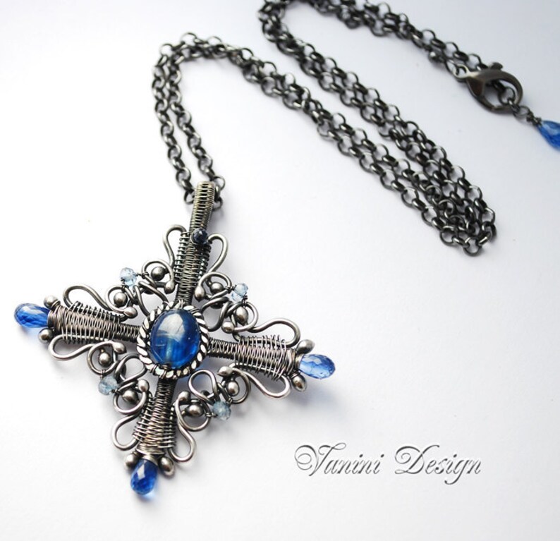 Celtic cross Fine/Sterling silver and kyanite pendant necklace image 4