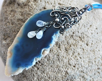 Agate Slice Necklace, Wire Wrapped Pendant, Blue Stone Jewelry, Moonstone Necklace, Long Necklace, Geode Necklace, Silver Leather Necklace