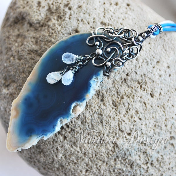 Agate Slice Necklace, Wire Wrapped Pendant, Blue Stone Jewelry, Moonstone Necklace, Long Necklace, Geode Necklace, Silver Leather Necklace