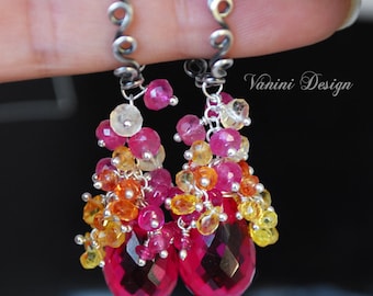 Bouquet - Fine silver , Raspberry Quartz , Pink and Songea Sapphires , citrine and pink ruby earrings