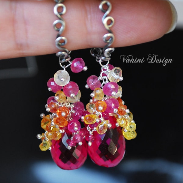 Bouquet - Fine silver , Raspberry Quartz , Pink and Songea Sapphires , citrine and pink ruby earrings