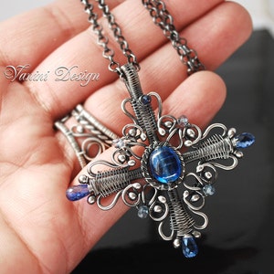 Celtic cross Fine/Sterling silver and kyanite pendant necklace image 5