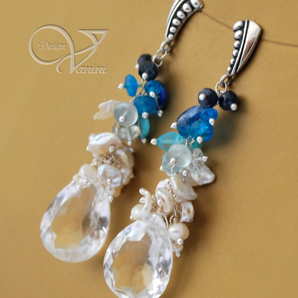 Long Dangle Earrings, Rock Crystal Earrings, Keishi Pearl Cluster Earrings, Gemstone Cascade Earrings,  Statement Earrings, Gift for Her