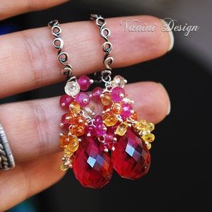 Bouquet Fine silver , Raspberry Quartz , Pink and Songea Sapphires , citrine and pink ruby earrings image 3