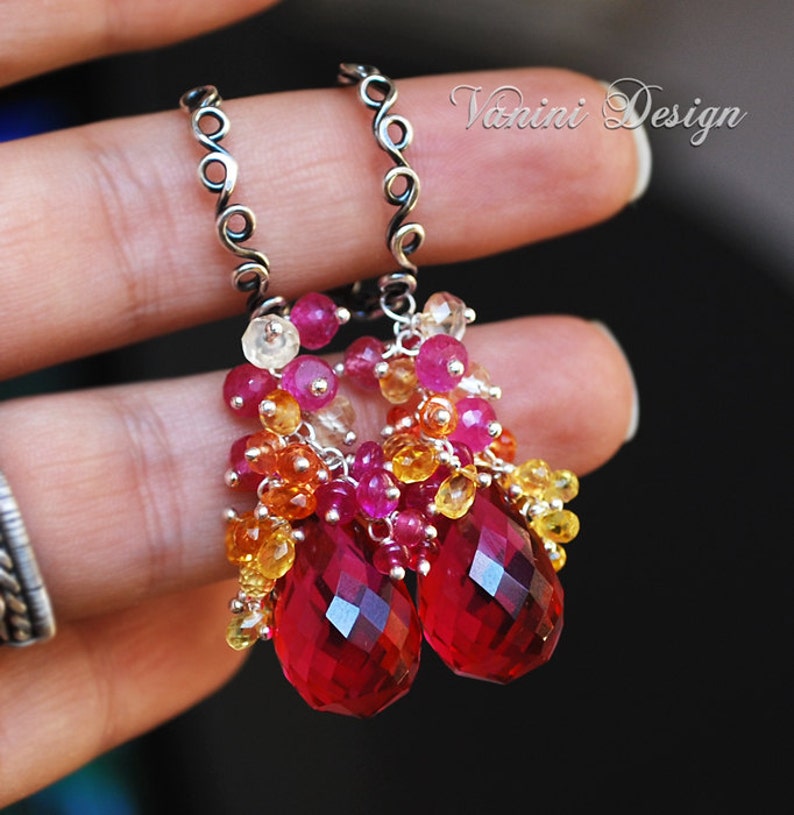 Bouquet Fine silver , Raspberry Quartz , Pink and Songea Sapphires , citrine and pink ruby earrings image 3