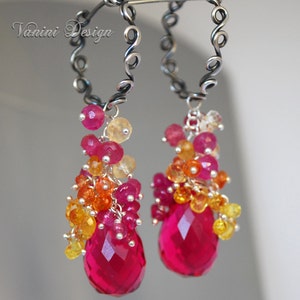 Bouquet Fine silver , Raspberry Quartz , Pink and Songea Sapphires , citrine and pink ruby earrings image 5